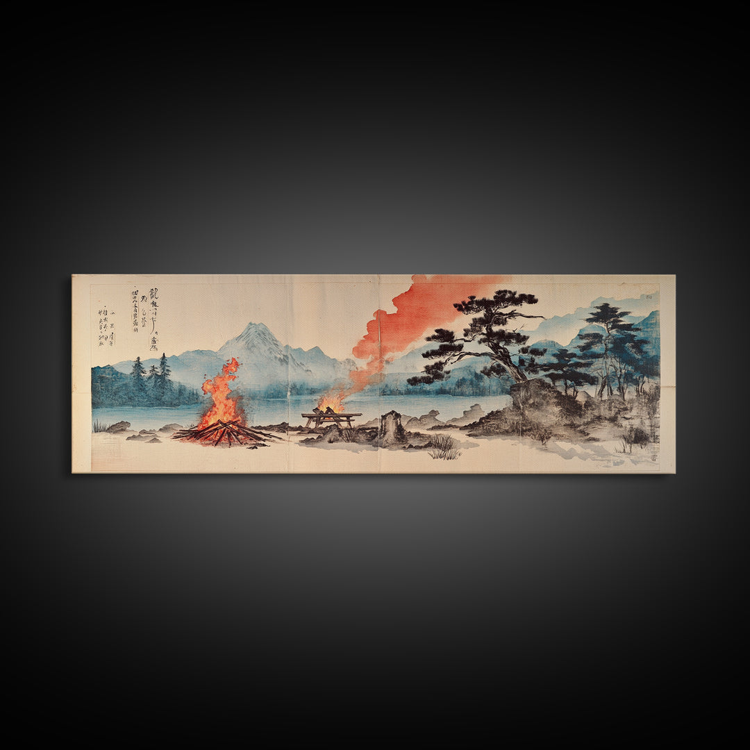 Mountain Campfire By Quiet Lake Wall Art, Japanese Landscape Canvas Print, Zen Nature Decor, Rustic Cabin Home Office Art