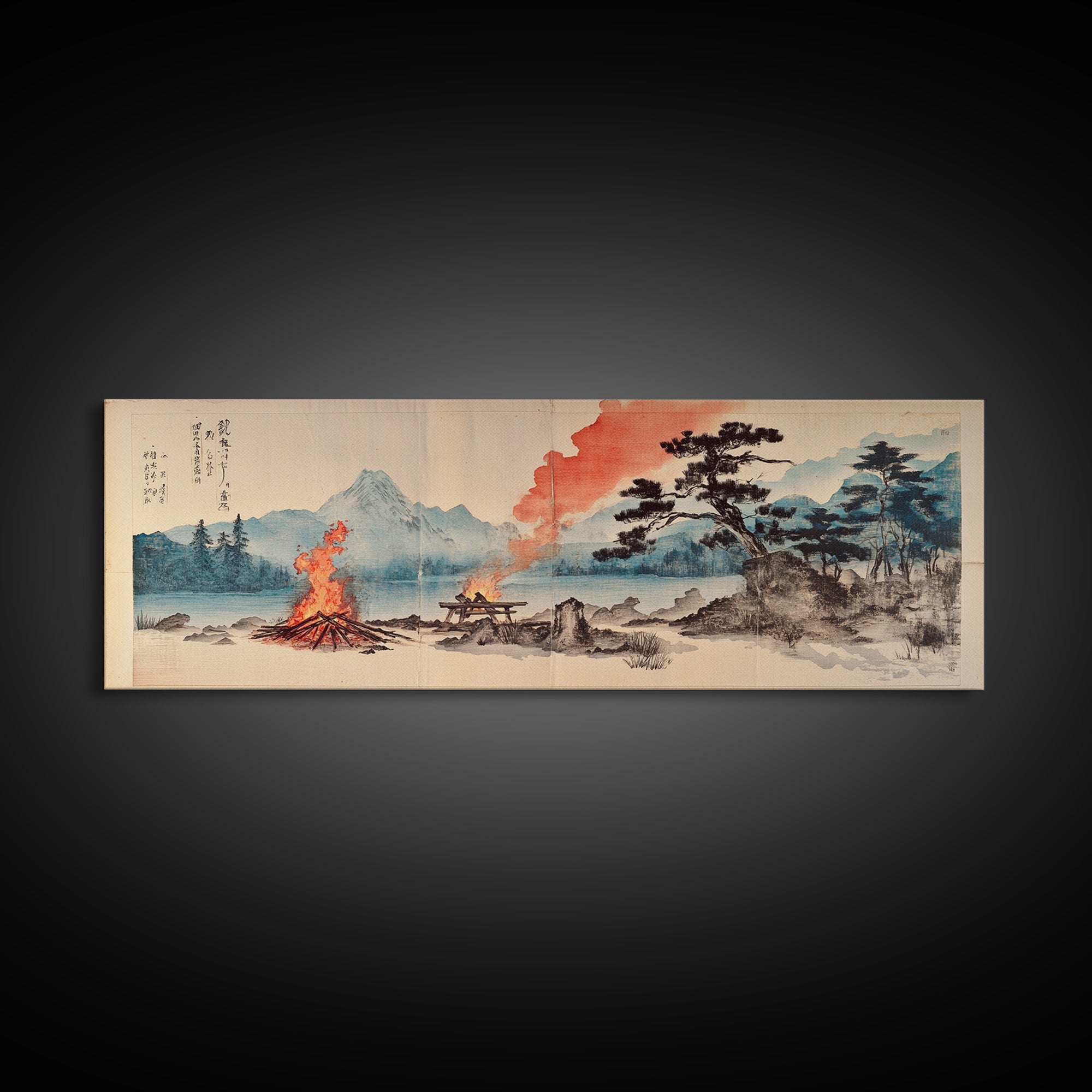 Mountain Campfire By Quiet Lake Wall Art, Japanese Landscape Canvas Print, Zen Nature Decor, Rustic Cabin Home Office Art