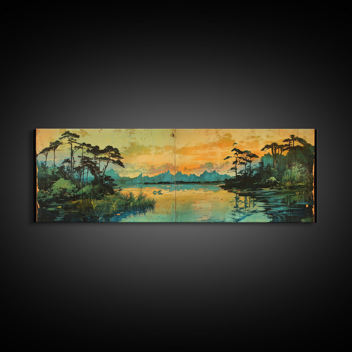 Golden Marsh At Sunset Wall Art, Cypress Lake Landscape Canvas Print, Moody Nature Decor, Large Panoramic Living Room Art