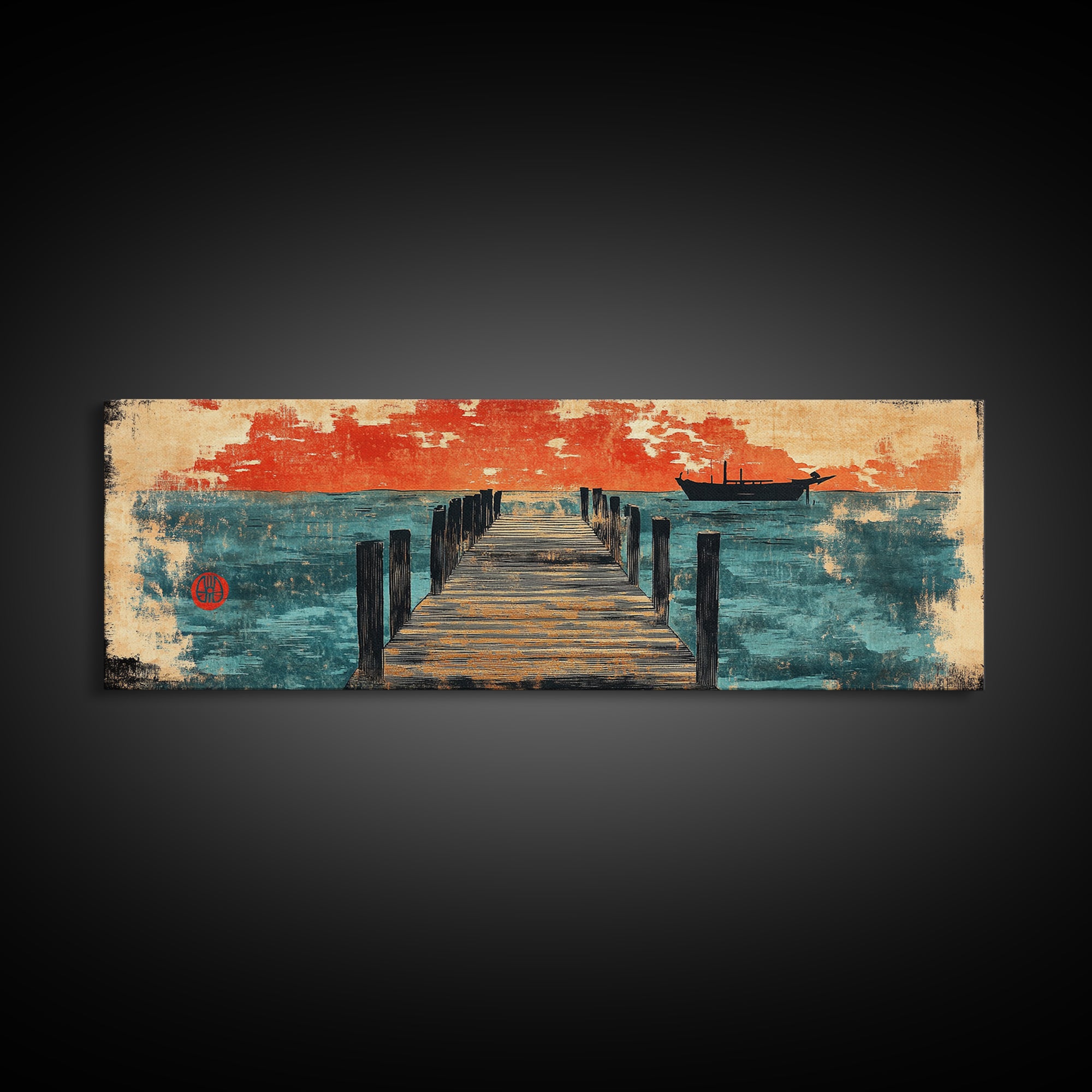 Weathered Pier And Red Sky Wall Art, Japanese Coastal Canvas Print, Ocean Sunset Decor, Large Horizontal Nautical Living Room Art
