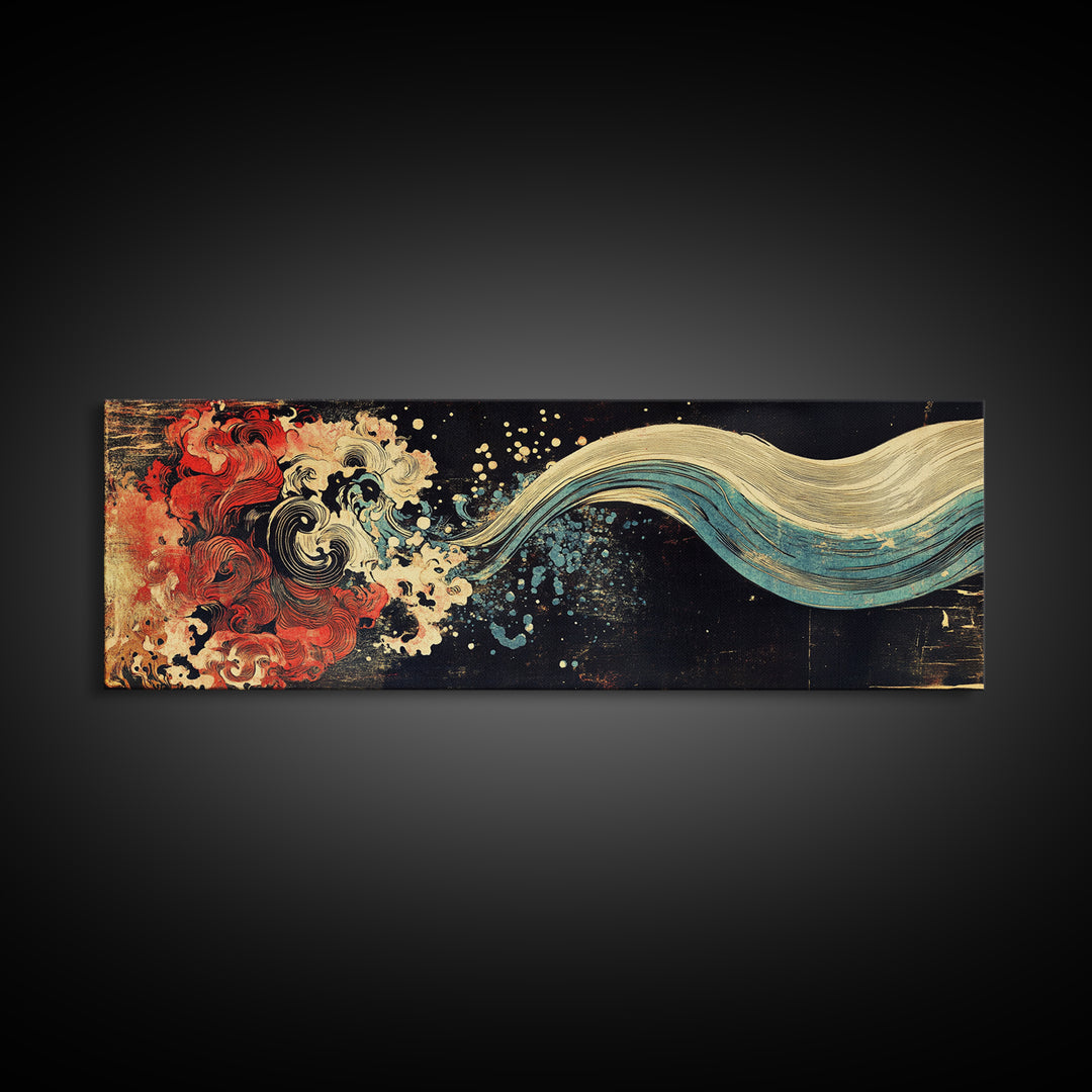 Abstract Red Wave And Flowing Tide Wall Art, Japanese Ocean Canvas Print, Koi Inspired Decor, Contemporary Large Wall Art