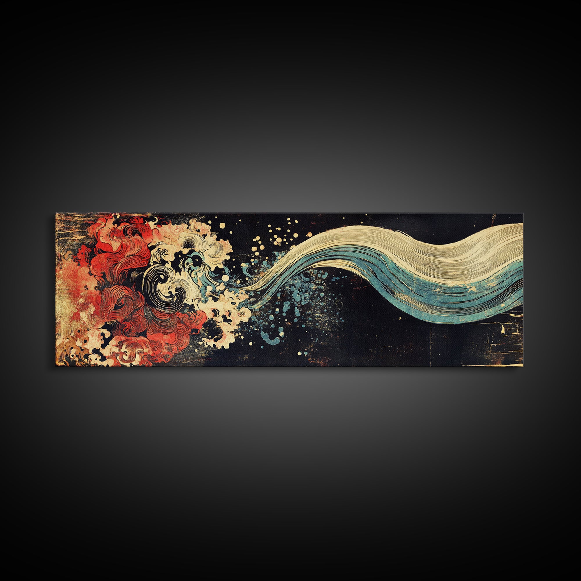 Abstract Red Wave And Flowing Tide Wall Art, Japanese Ocean Canvas Print, Koi Inspired Decor, Contemporary Large Wall Art