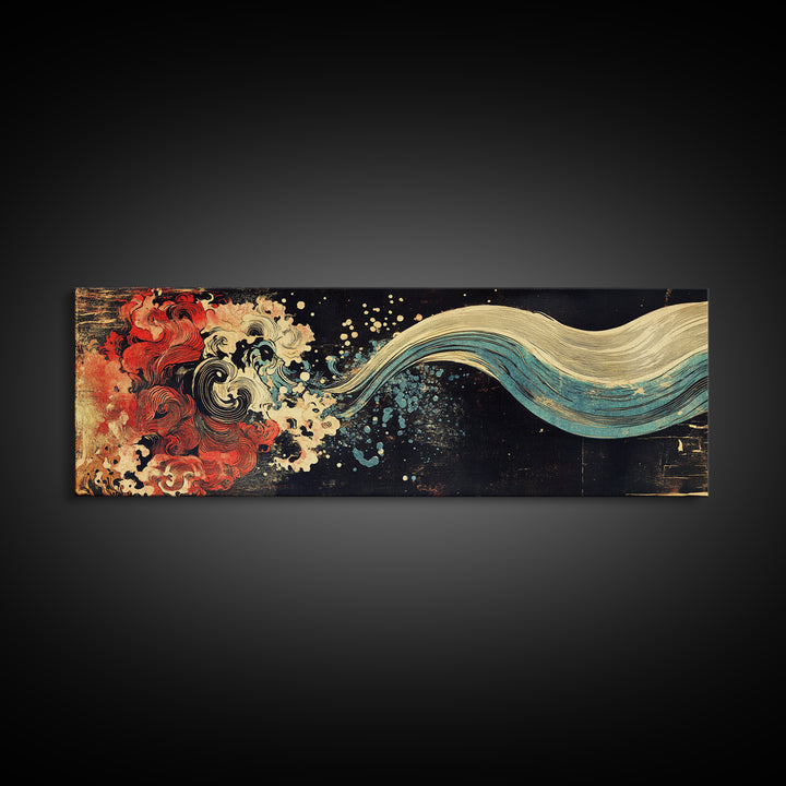 Abstract Red Wave And Flowing Tide Wall Art, Japanese Ocean Canvas Print, Koi Inspired Decor, Contemporary Large Wall Art