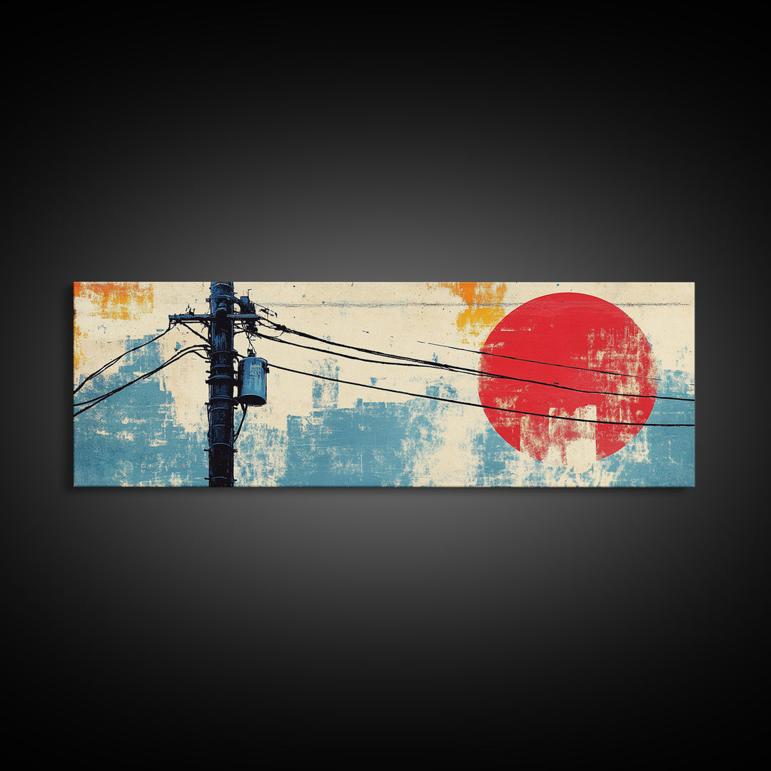Weathered Utility Pole With Red Sun Canvas Print, Japanese Wall Art, Urban Industrial Decor, Long Horizontal Living Room Art