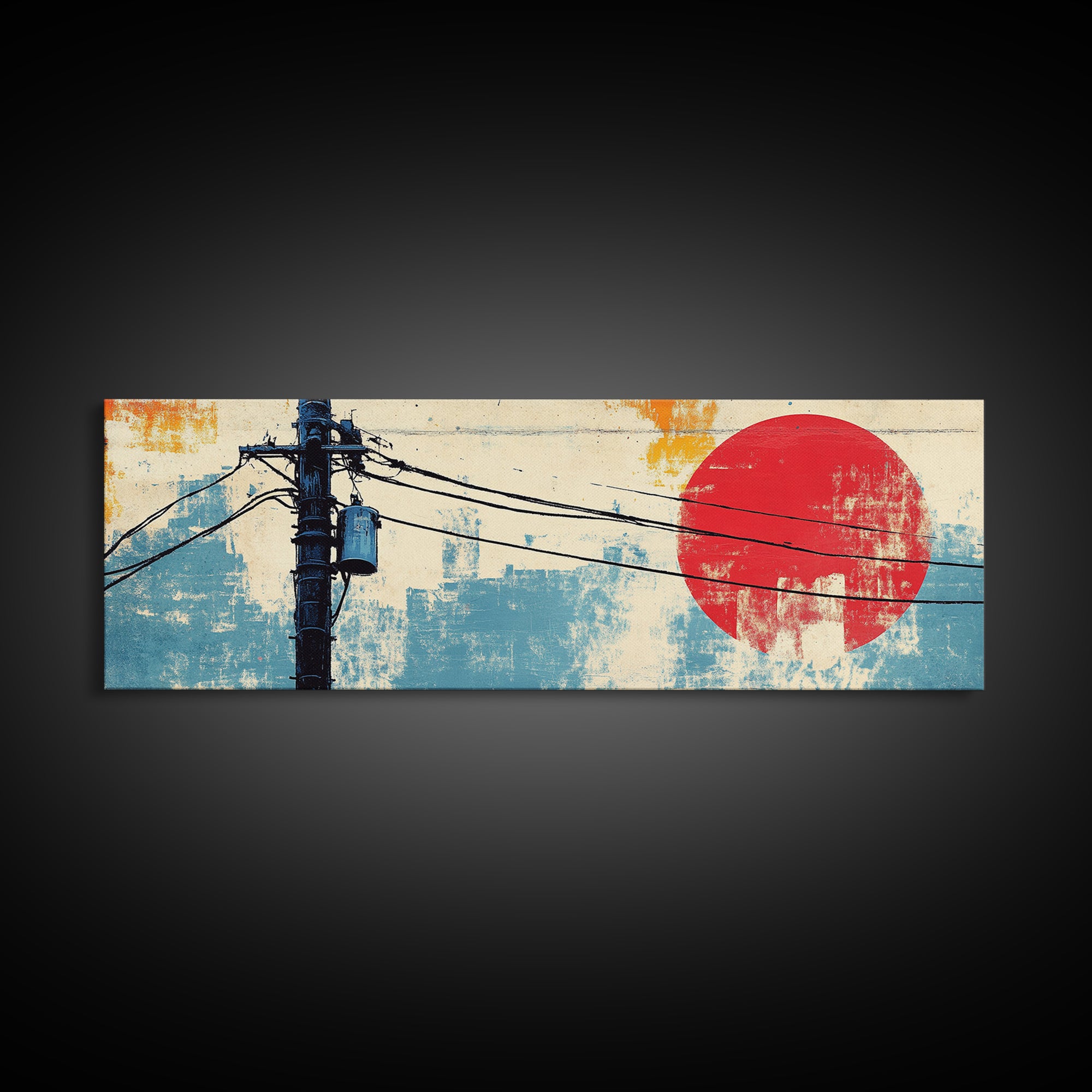 Weathered Utility Pole With Red Sun Canvas Print, Japanese Wall Art, Urban Industrial Decor, Long Horizontal Living Room Art