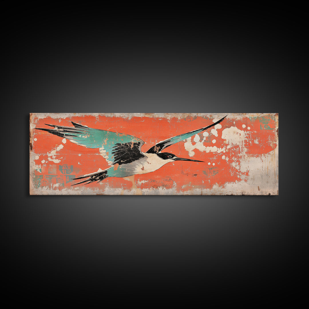 Graceful Teal Crane In Flight Wall Art, Japanese Bird Print, Coastal Wildlife Decor, Long Horizontal Canvas For Living Room