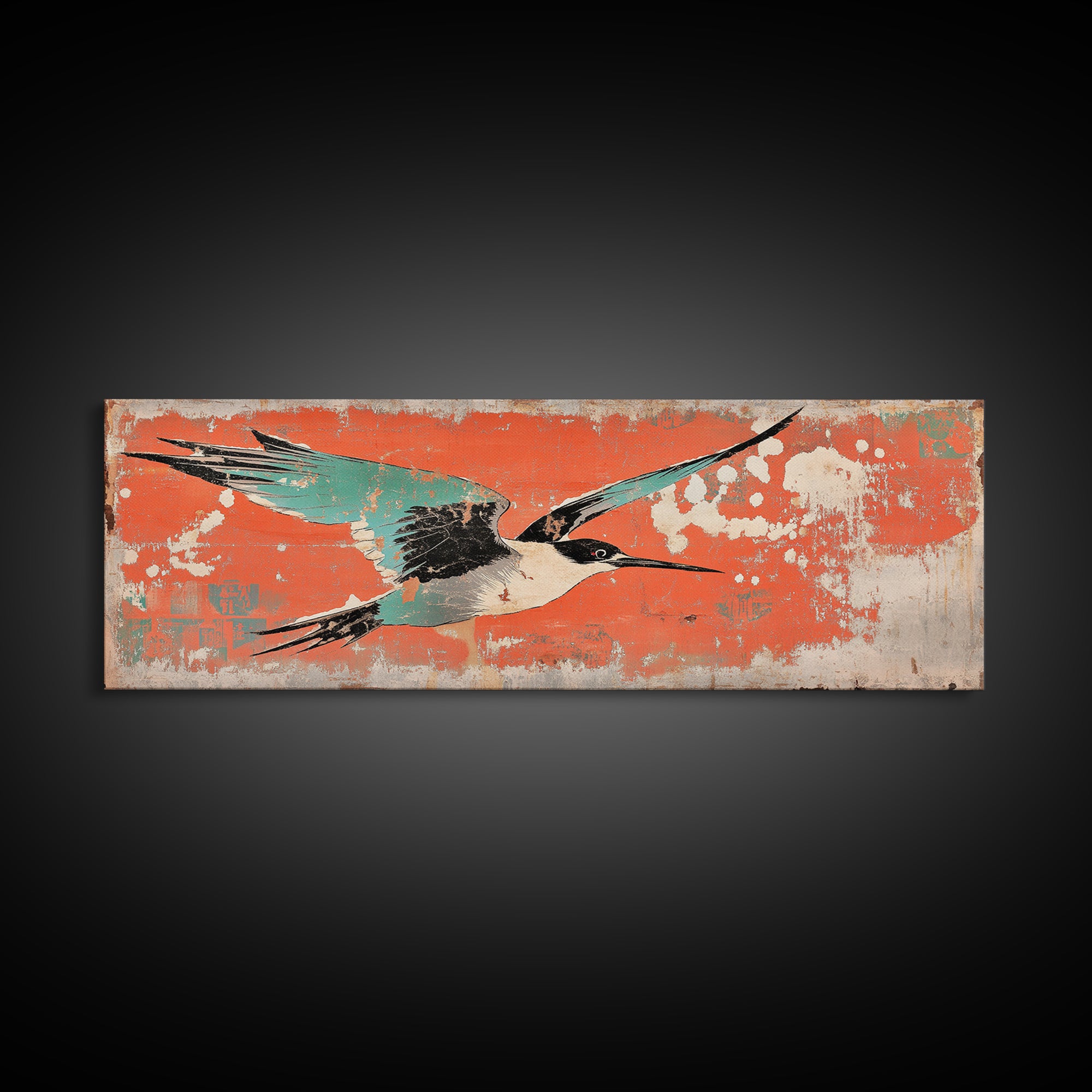 Graceful Teal Crane In Flight Wall Art, Japanese Bird Print, Coastal Wildlife Decor, Long Horizontal Canvas For Living Room