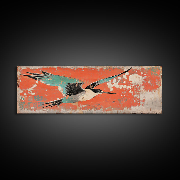 Graceful Teal Crane In Flight Wall Art, Japanese Bird Print, Coastal Wildlife Decor, Long Horizontal Canvas For Living Room