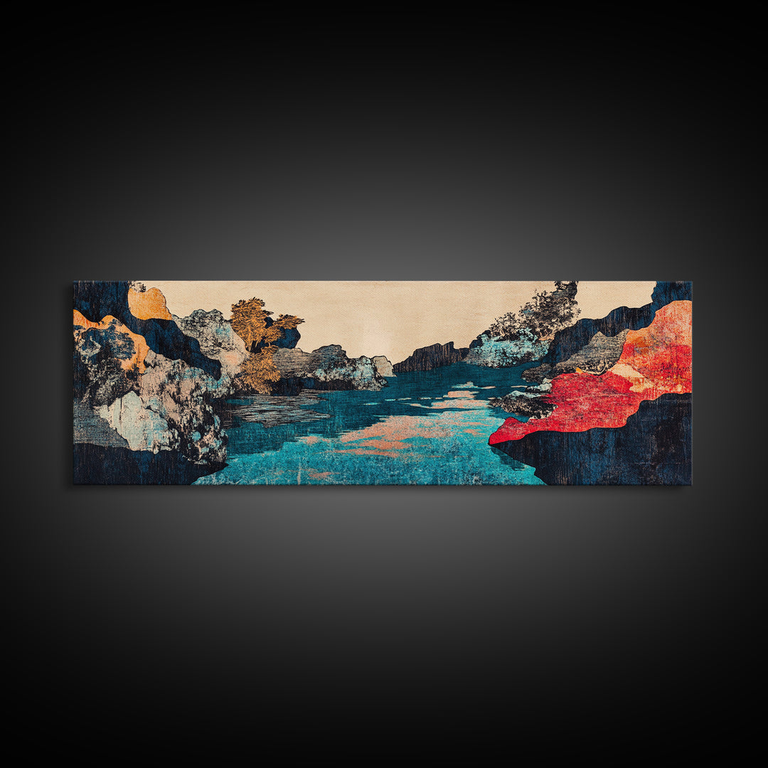 Turquoise River Canyon With Red Cliffs Canvas Print, Japanese Landscape Wall Art, Moody Nature Decor For Living Room And Office