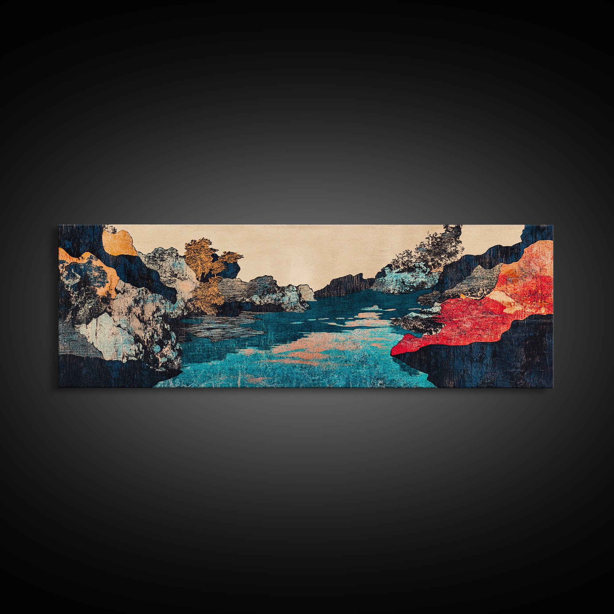 Turquoise River Canyon With Red Cliffs Canvas Print, Japanese Landscape Wall Art, Moody Nature Decor For Living Room And Office