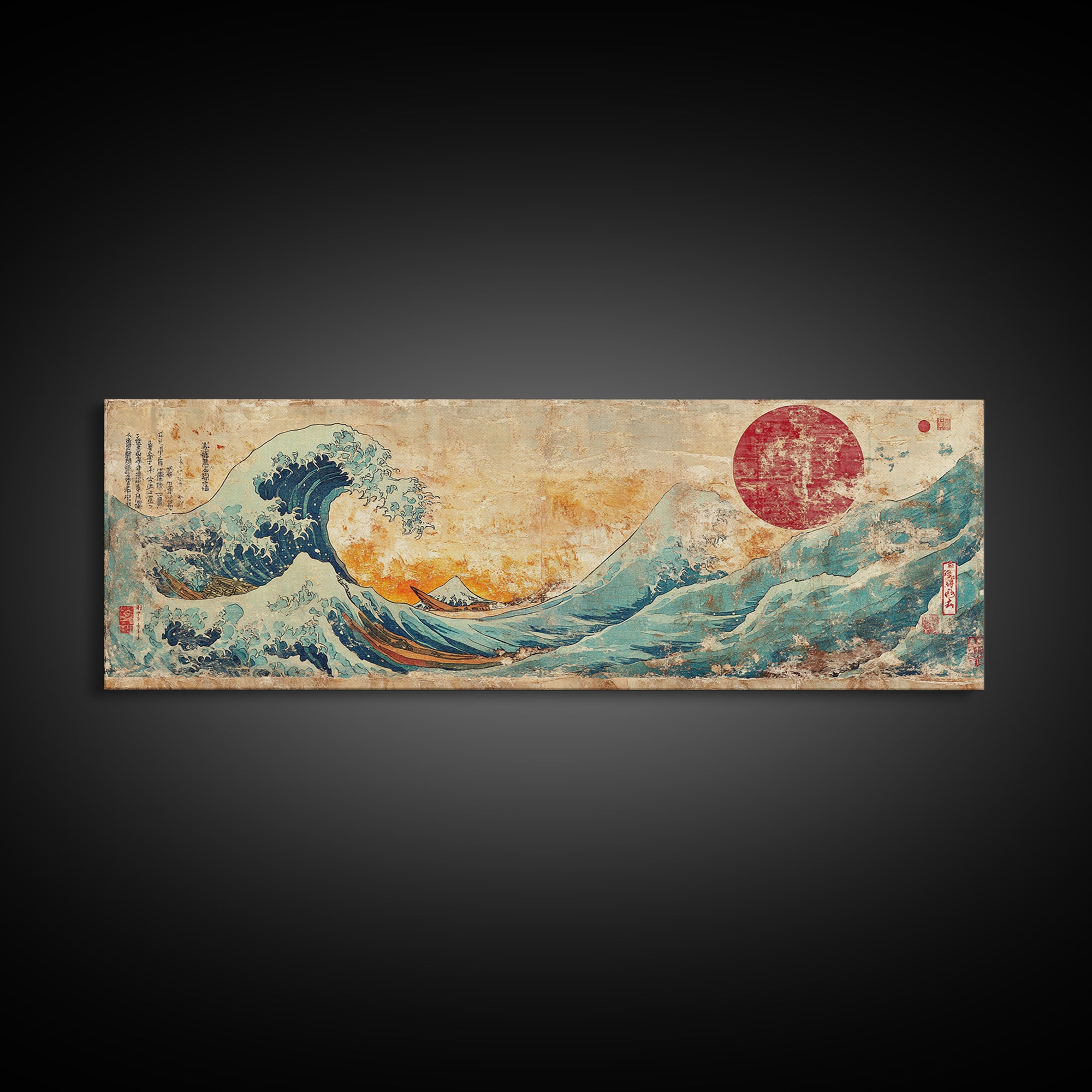 Cresting Blue Wave And Red Sun Framed Canvas Print, Japanese Seascape Wall Art, Coastal Decor For Living Room And Bedroom