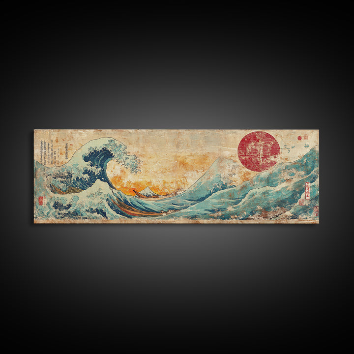 Cresting Blue Wave And Red Sun Framed Canvas Print, Japanese Seascape Wall Art, Coastal Decor For Living Room And Bedroom