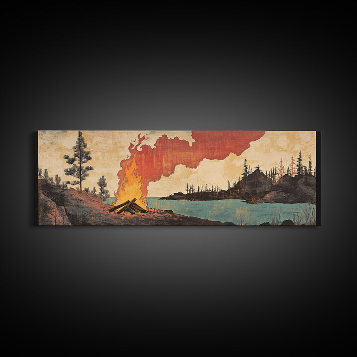 Lakeside Campfire With Red Smoke Canvas Print, Rustic Japanese Landscape Wall Art, Cabin Decor For Living Room And Office