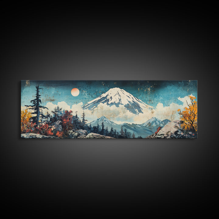 Snowy Mount Fuji With Moonlit Forest Framed Canvas Print, Japanese Mountain Wall Art, Winter Landscape Living Room Decor