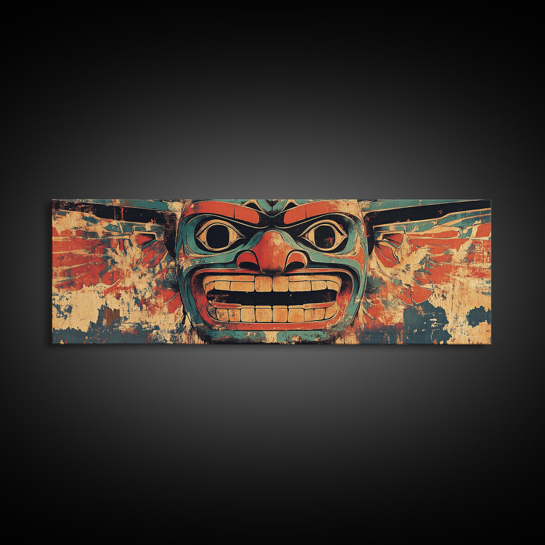 Bold Tribal Mask Framed Canvas Print, Indigenous Wall Art, Ethnic Home Decor, Pacific Northwest Style, Statement Artwork
