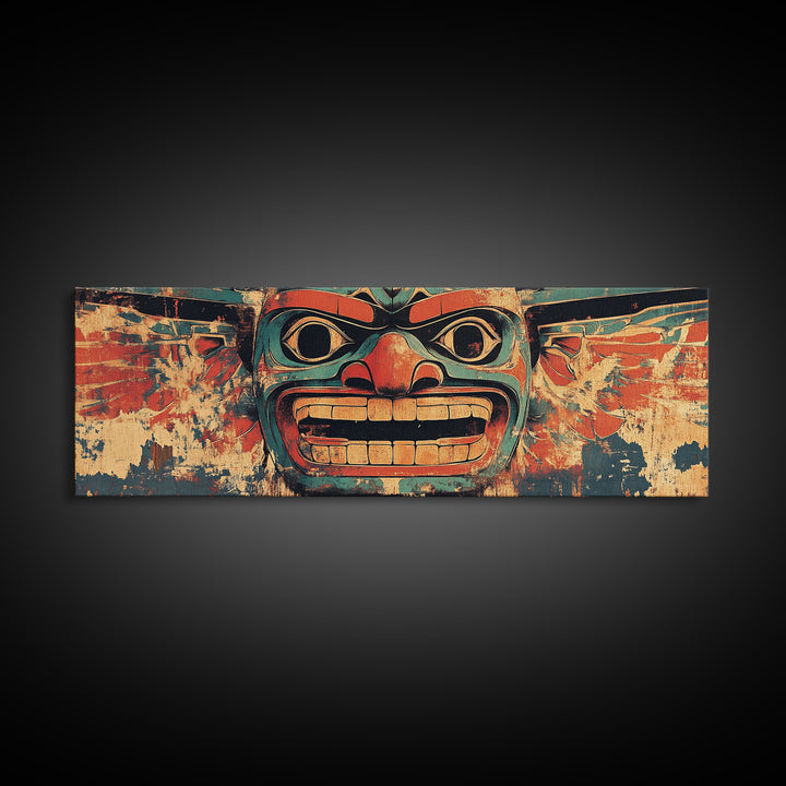 Bold Tribal Mask Framed Canvas Print, Indigenous Wall Art, Ethnic Home Decor, Pacific Northwest Style, Statement Artwork