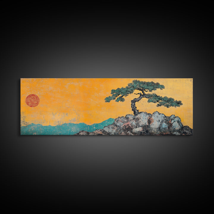 Solitary Pine Tree Canvas Print, Japanese Landscape Wall Art, Zen Home Decor, Japandi Wall Decor, Calming Nature Art Print