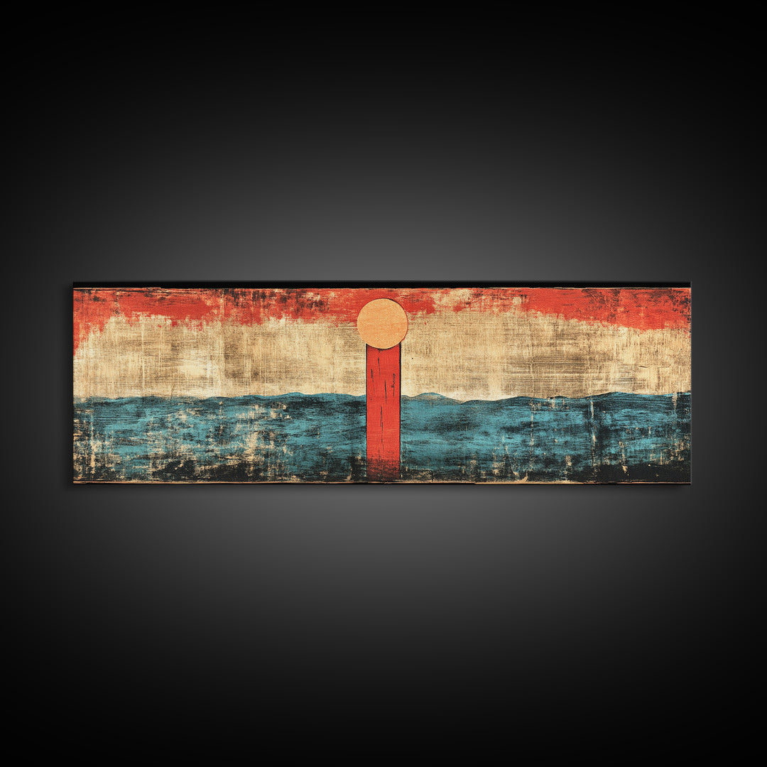Minimal Red Sun Over Waves Canvas Print, Japanese Seascape Wall Art, Coastal Decor, Abstract Ocean Art, Japandi Home Decor