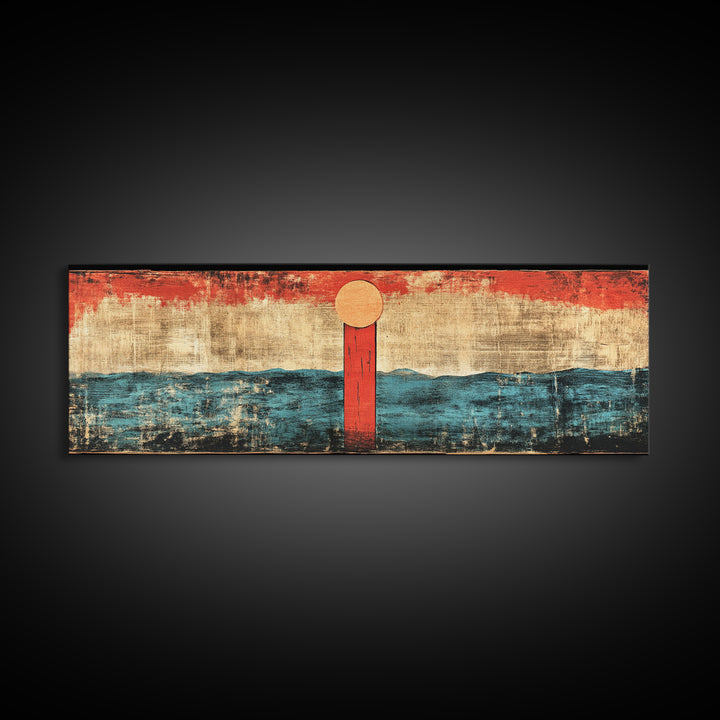 Minimal Red Sun Over Waves Canvas Print, Japanese Seascape Wall Art, Coastal Decor, Abstract Ocean Art, Japandi Home Decor
