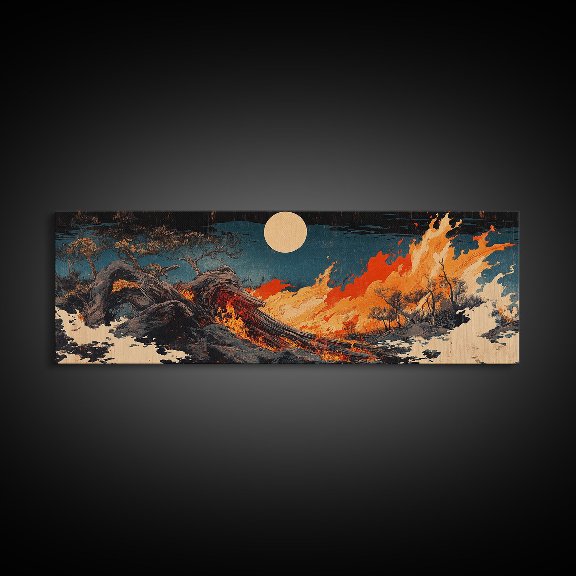 Fiery Dragon Wave Framed Canvas Print, Japanese Fantasy Wall Art, Dark Ocean Decor, Mythical Creature Art, Statement Artwork