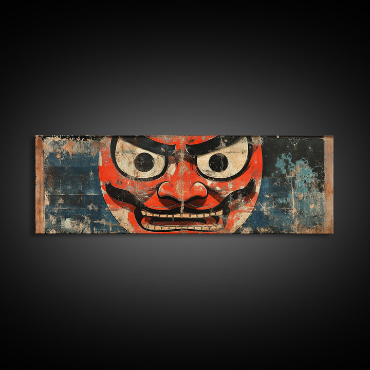 Red Oni Mask Wall Art, Japanese Framed Canvas Print, Asian Inspired Decor, Bold Folk Art, Dramatic Statement Artwork Gift