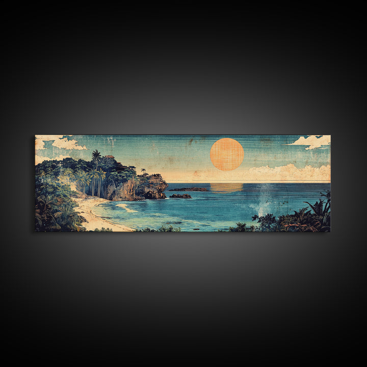 Tropical Ocean Cove Sunset Wall Art, Panoramic Coastal Canvas Print, Beach House Decor, Nautical Living Room Wall Art Print