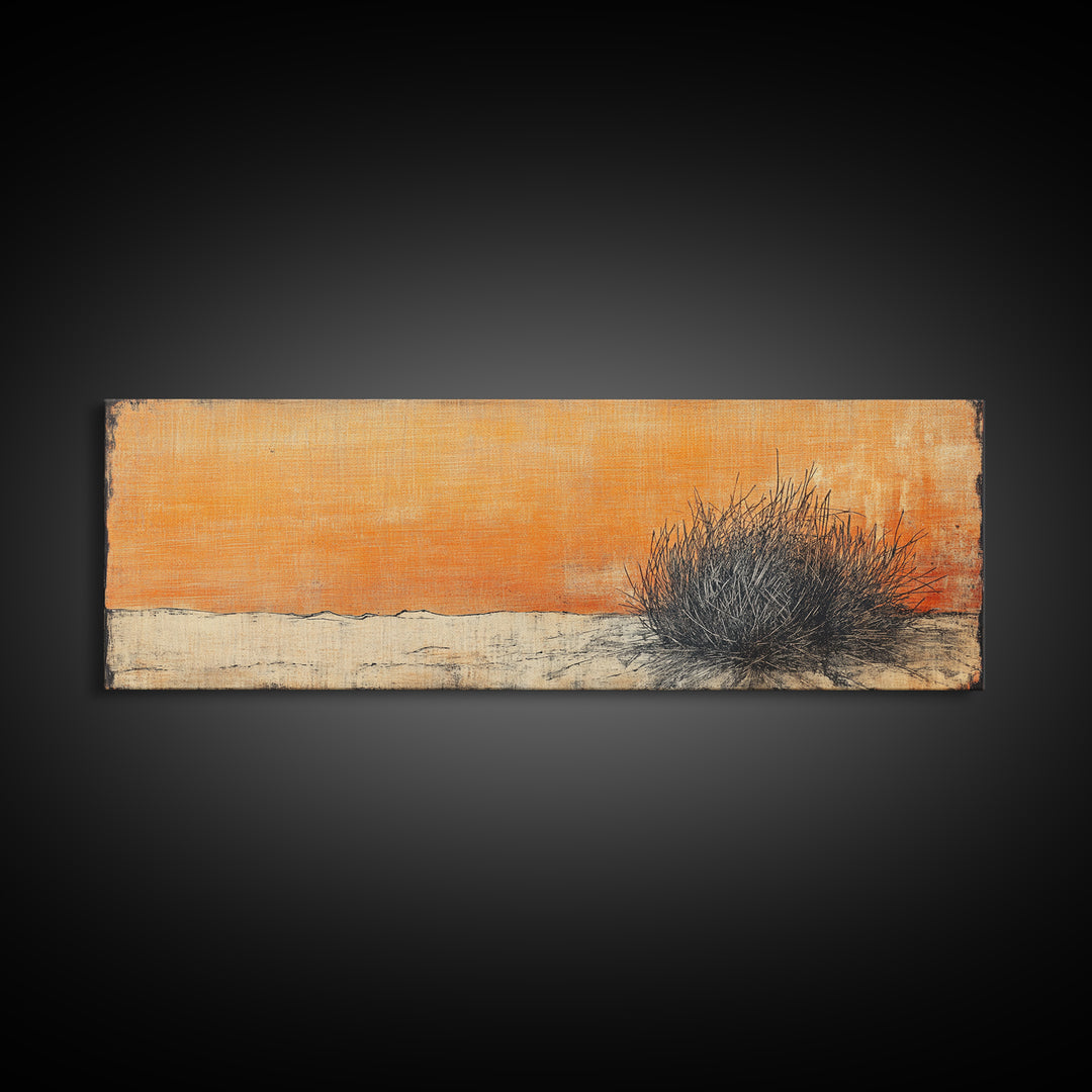 Minimal Desert Tumbleweed Orange Sky Wall Art, Neutral Landscape Canvas Print, Rustic Southwestern Decor, Calm Bedroom Art