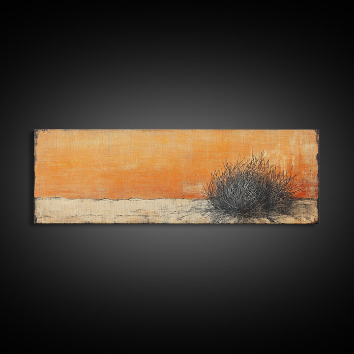 Minimal Desert Tumbleweed Orange Sky Wall Art, Neutral Landscape Canvas Print, Rustic Southwestern Decor, Calm Bedroom Art