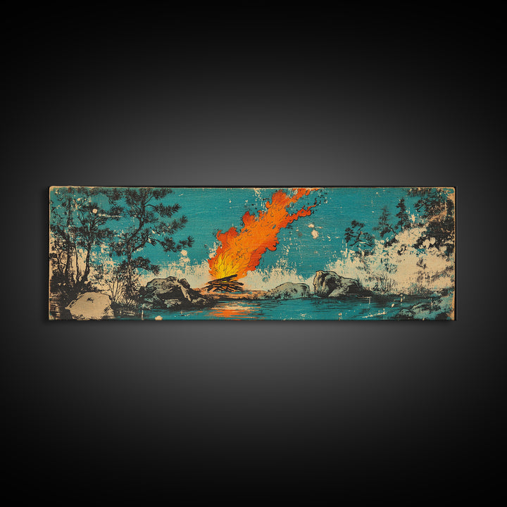 Campfire By River In Teal Forest Wall Art, Rustic Nature Canvas Print, Cozy Cabin Decor, Outdoor Adventure Wall Decor, Living Room Art