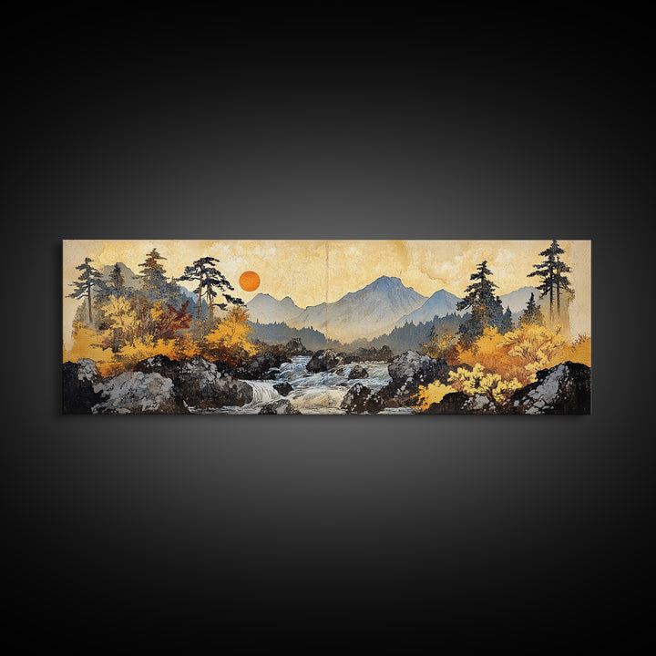 Autumn Mountain River Sunrise Wall Art, Panoramic Landscape Canvas Print, Rustic Cabin Decor, Large Nature Living Room Art