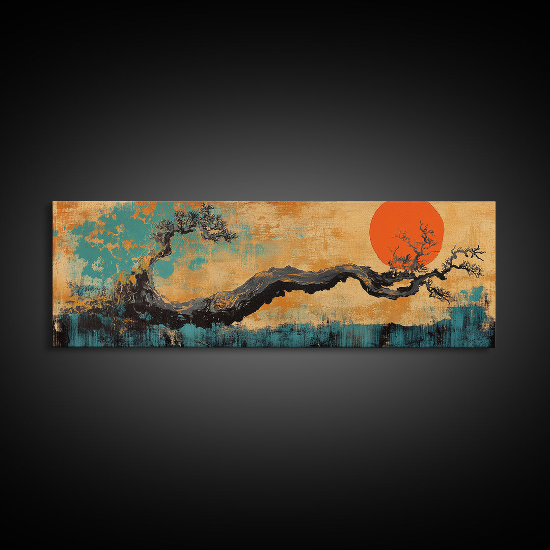 Twisted Bonsai Tree With Red Sun Wall Art, Japanese Landscape Canvas Print, Japandi Asian Decor For Modern Living Room Home Decor