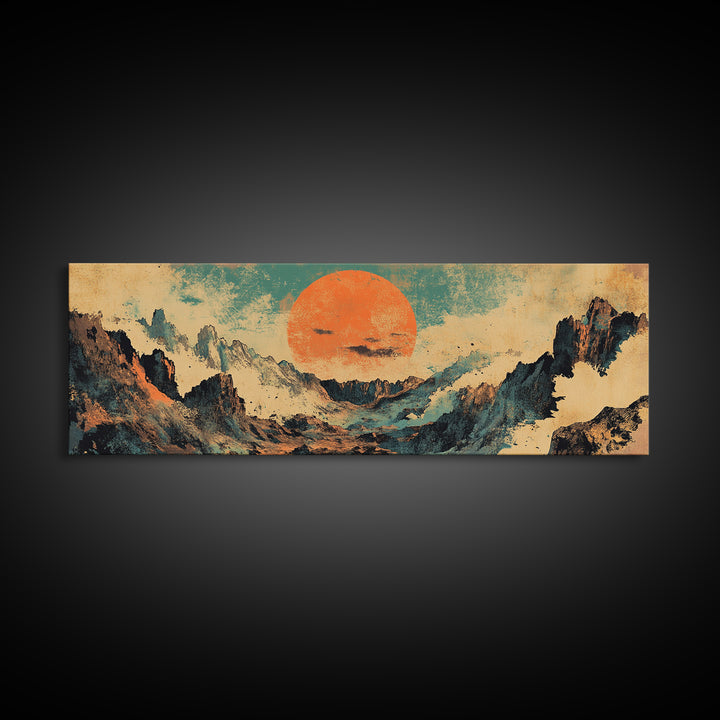 Abstract Mountain Valley With Orange Sun Wall Art, Modern Landscape Canvas Print, Japandi Earth Tone Living Room Home Decor