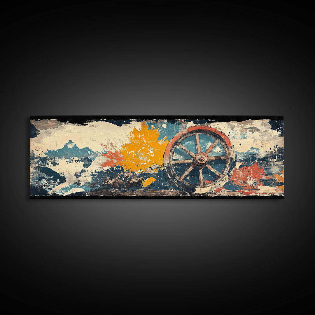 Rustic Wagon Wheel Against Painted Sky Wall Art, Western Canvas Print, Farmhouse Country Decor For Living Room Home Decor