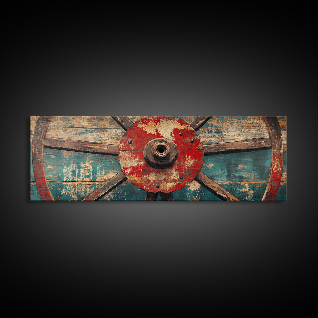 Weathered Wagon Wheel On Turquoise Wood Wall Art, Rustic Western Framed Canvas Print, Farmhouse Decor For Man Cave Home Bar Decor