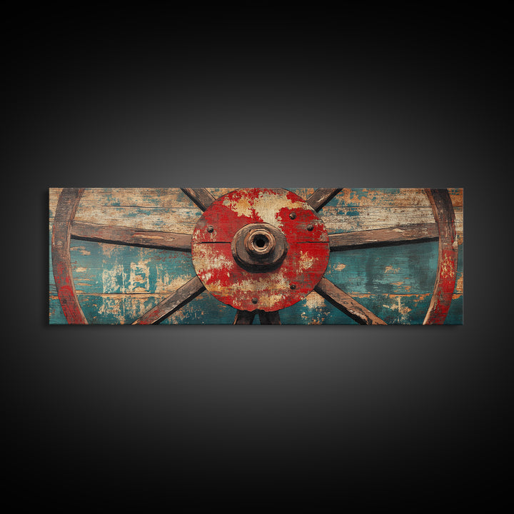 Weathered Wagon Wheel On Turquoise Wood Wall Art, Rustic Western Framed Canvas Print, Farmhouse Decor For Man Cave Home Bar Decor