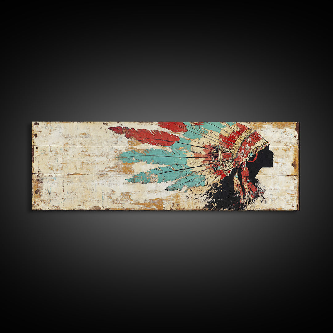 Native American Headdress Silhouette Wall Art, Western Tribal Canvas Print, Rustic Indigenous Decor For Living Room Home Decor