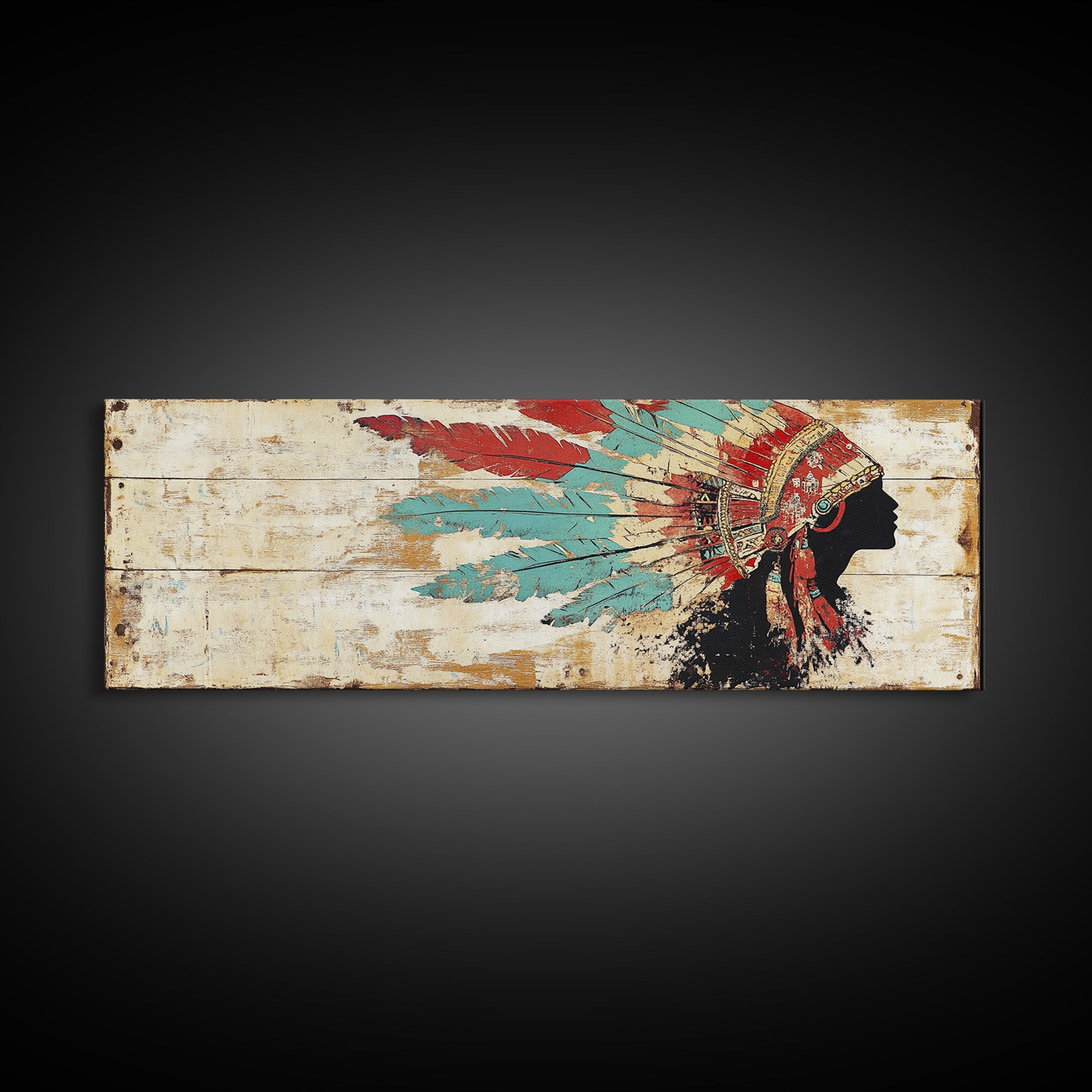 Native American Headdress Silhouette Wall Art, Western Tribal Canvas Print, Rustic Indigenous Decor For Living Room Home Decor
