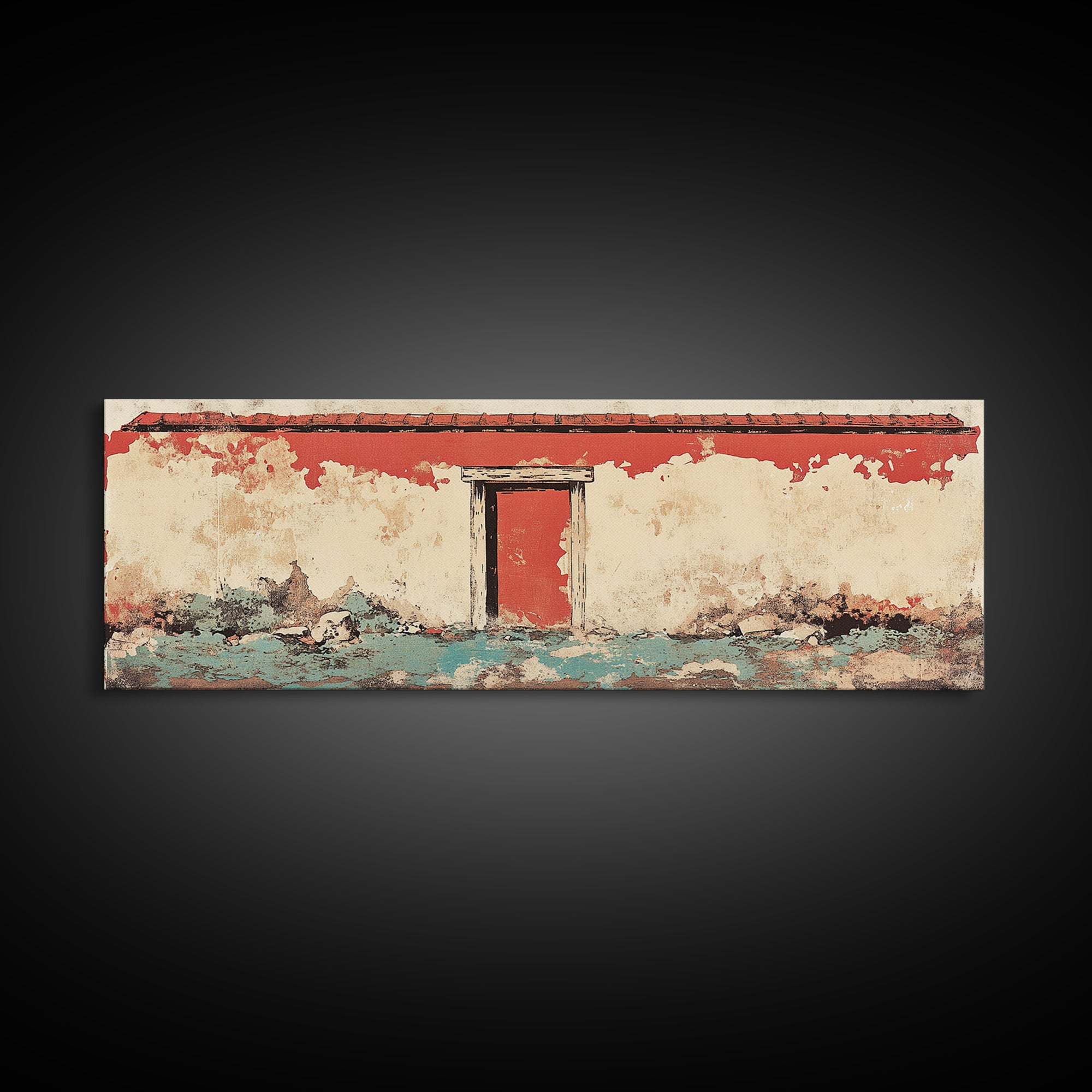 Weathered Red Door Adobe Facade Wall Art, Rustic Southwestern Canvas Print, Farmhouse Entryway Decor, Long Horizontal Art