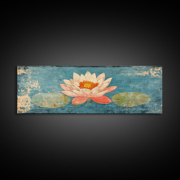 Pink Lotus Flower On Blue Pond Wall Art, Japanese Water Lily Canvas Print, Zen Bathroom Decor, Botanical Coastal Home Decor