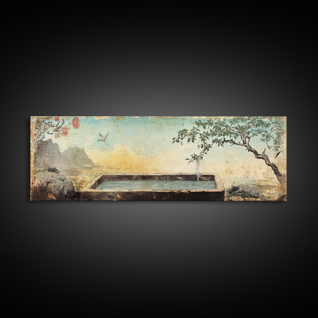 Stone Garden Fountain With Tree Wall Art, Japandi Courtyard Canvas Print, Zen Spa Decor, Asian Inspired Landscape Wall Decor