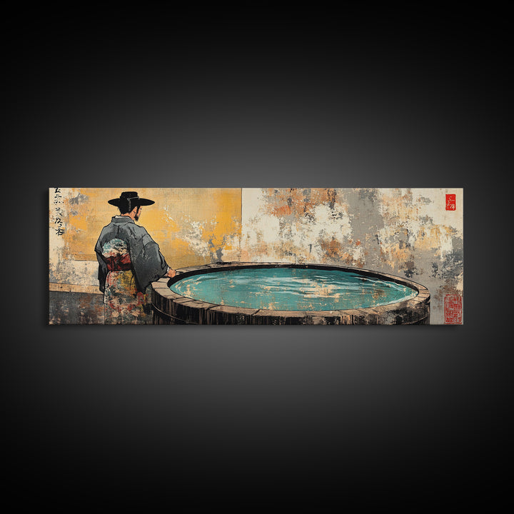 Kimono Figure Beside Round Pool Wall Art, Japanese Onsen Canvas Print, Wabi Sabi Spa Decor, Asian Bathroom Wall Decor Print