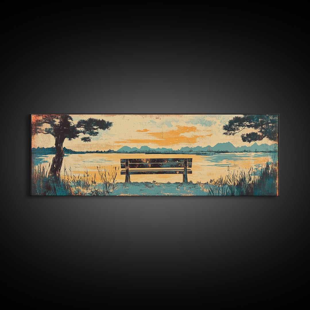 Lake Bench At Sunset With Pine Trees Wall Art, Coastal Landscape Canvas Print, Serene Living Room Decor, Long Horizontal Art