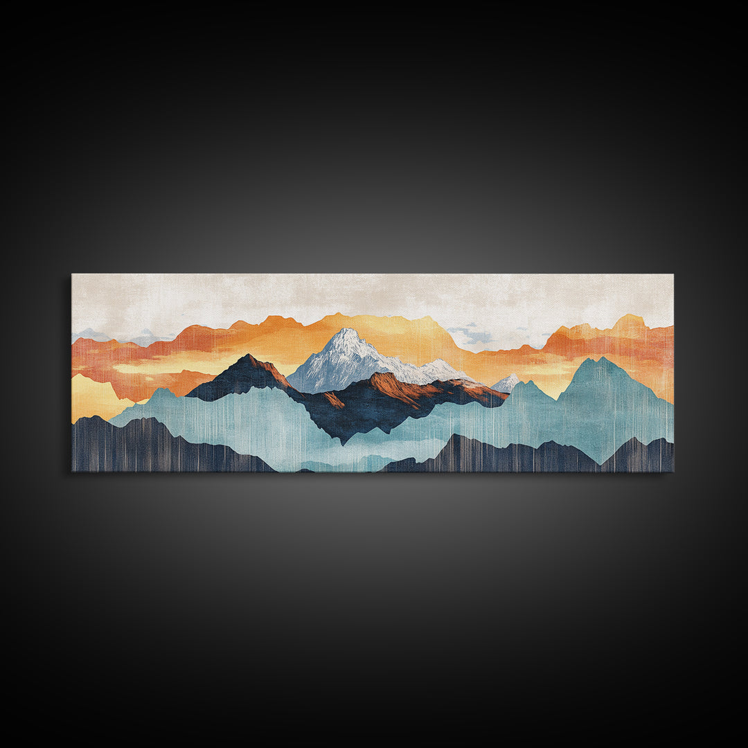 Layered Blue Orange Mountain Range Wall Art, Abstract Landscape Canvas Print, Modern Rustic Decor, Extra Wide Living Room Art