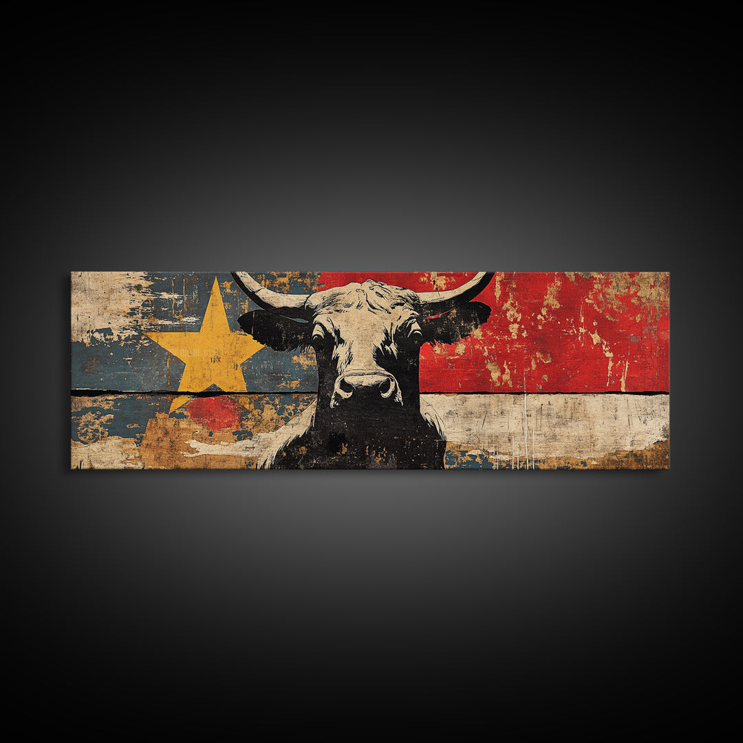 Black Longhorn Bull Texas Flag Wall Art, Western Canvas Print, Rustic Ranch Decor, Cowboy Man Cave Decor, Americana Gift
