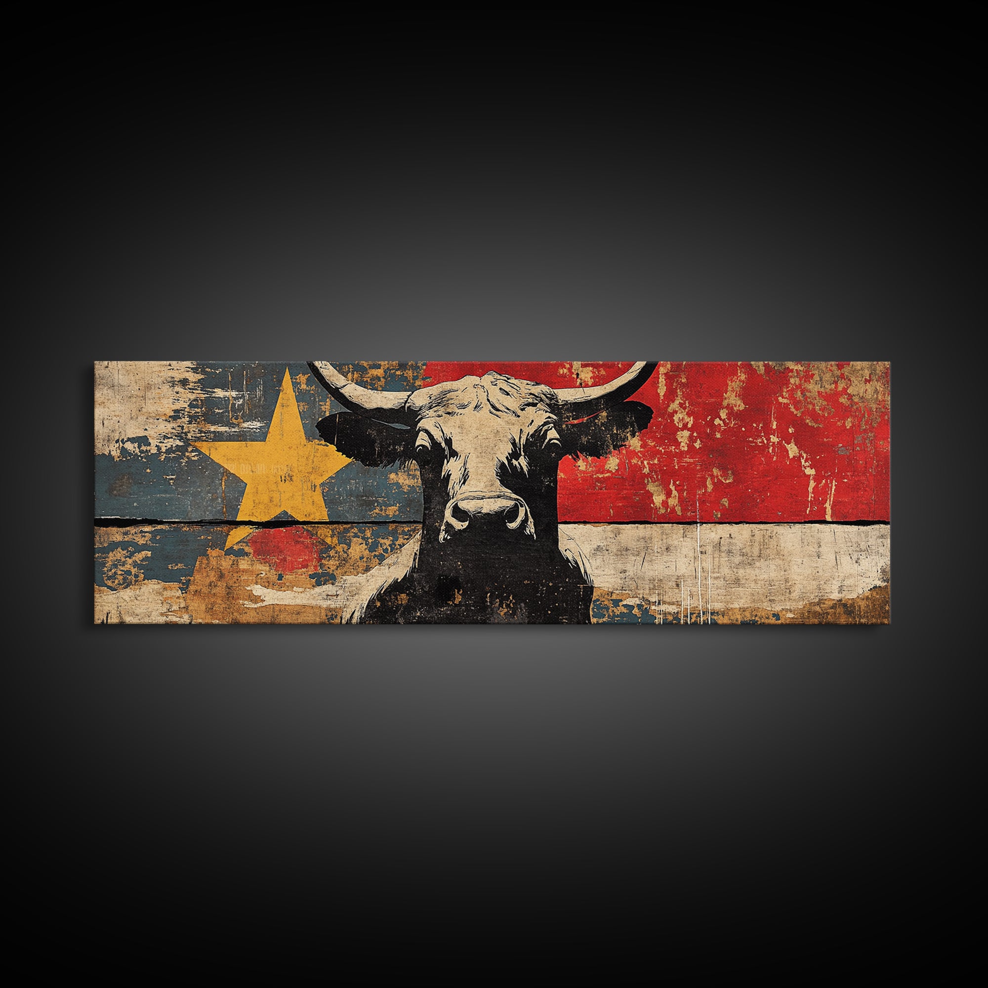 Black Longhorn Bull Texas Flag Wall Art, Western Canvas Print, Rustic Ranch Decor, Cowboy Man Cave Decor, Americana Gift