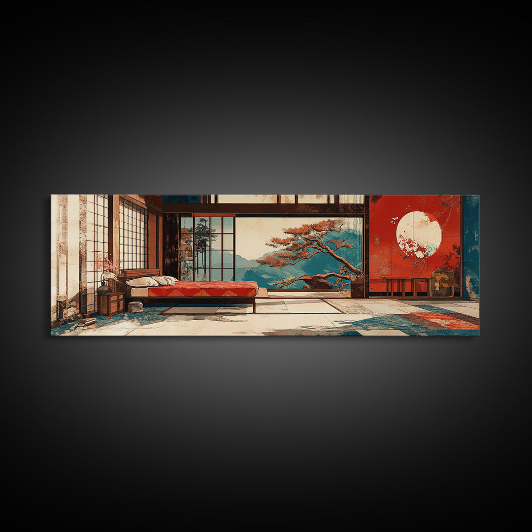 Japanese Bedroom With Moon View Wall Art, Japandi Framed Canvas Print, Zen Home Decor, Above Bed Living Room Wall Decor Print