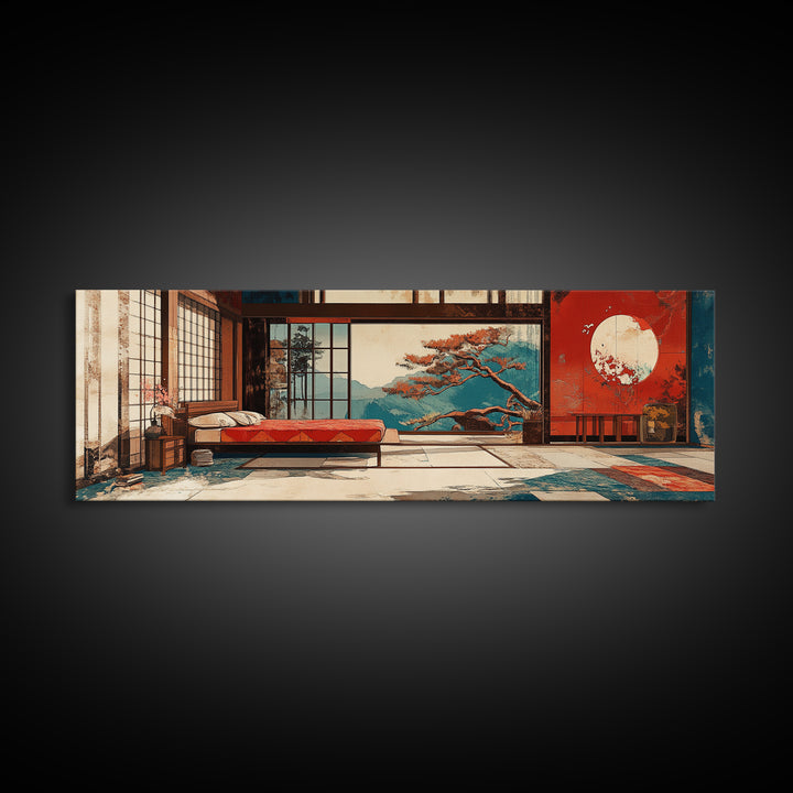 Japanese Bedroom With Moon View Wall Art, Japandi Framed Canvas Print, Zen Home Decor, Above Bed Living Room Wall Decor Print