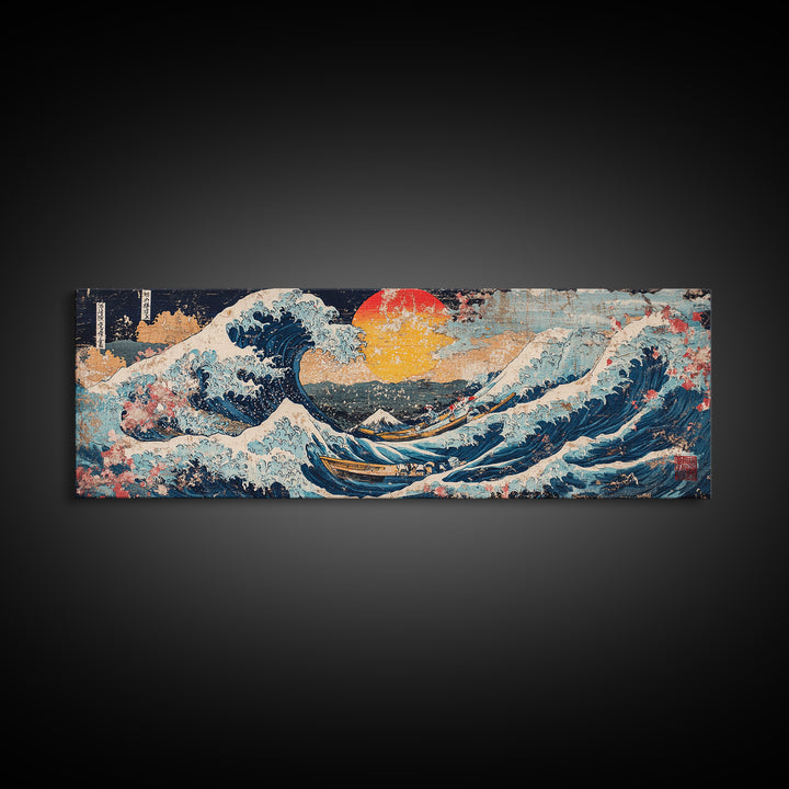 Japanese Ocean Wave And Red Sun Wall Art, Hokusai Inspired Canvas Print, Nautical Coastal Decor, Large Living Room Seascape Print