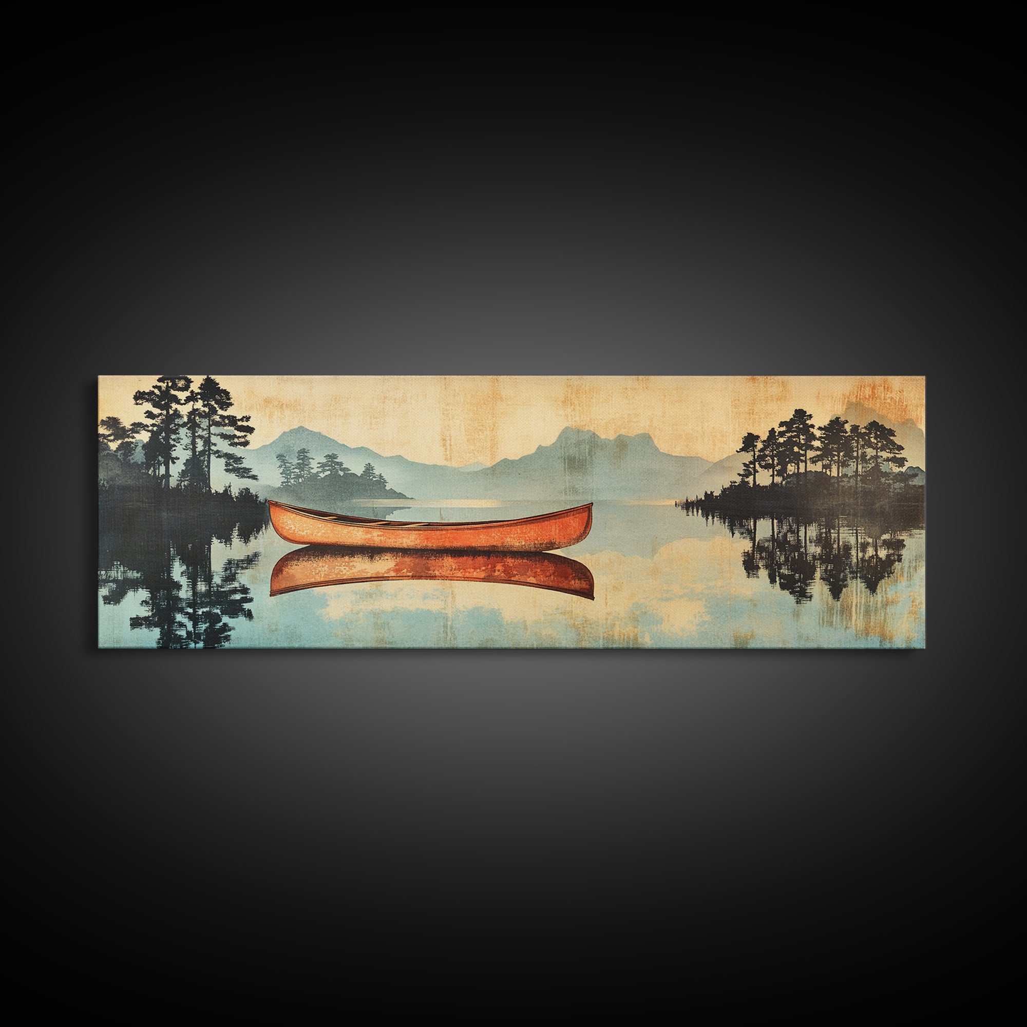 Orange Canoe On Misty Lake Framed Canvas Print, Cabin Wall Art, Rustic Landscape Art, Lake House Living Room Decor, Home Decor