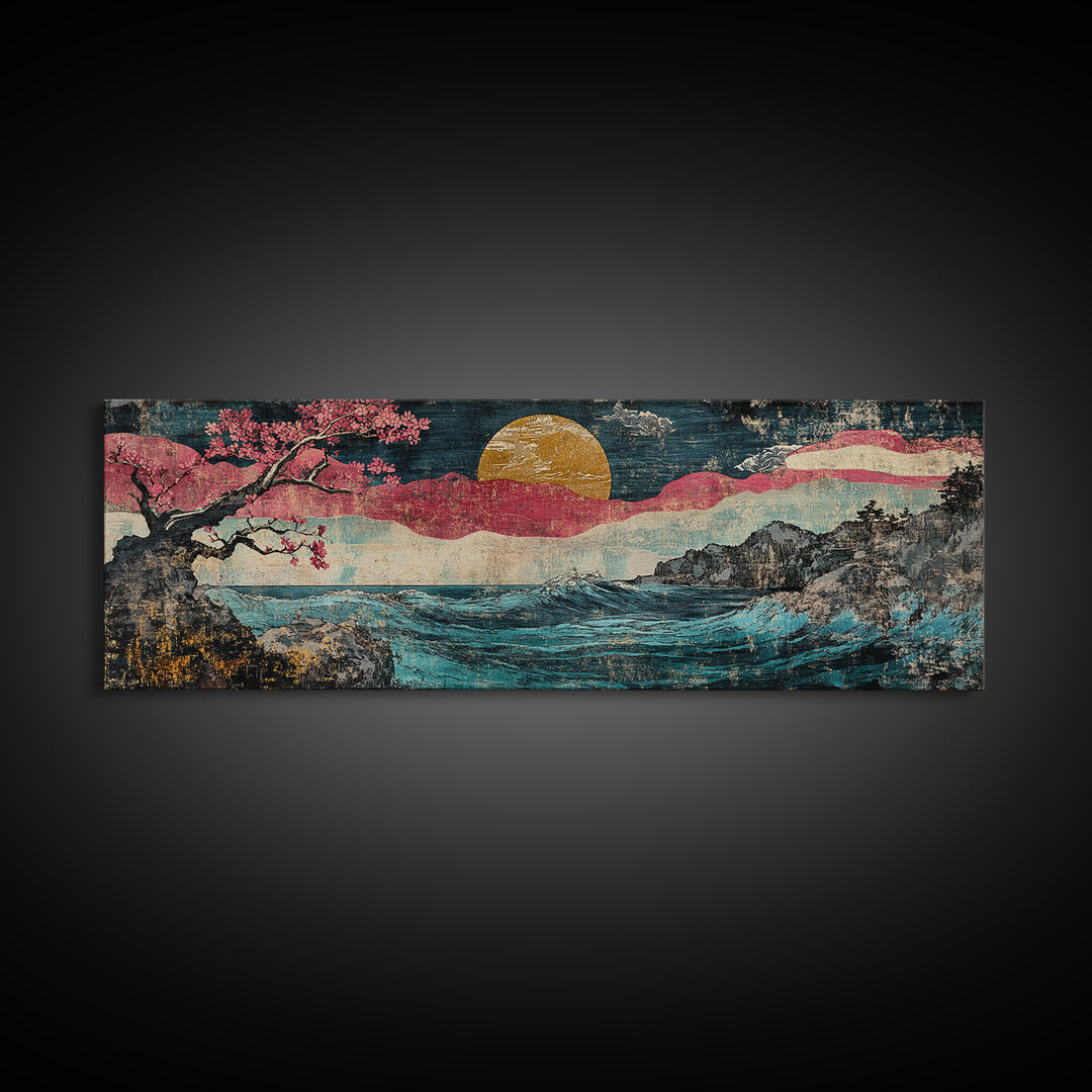 Gold Sun Ocean Wave Canvas Print, Cherry Blossom Japanese Wall Art, Coastal Seascape Art, Large Living Room Decor, Home Decor
